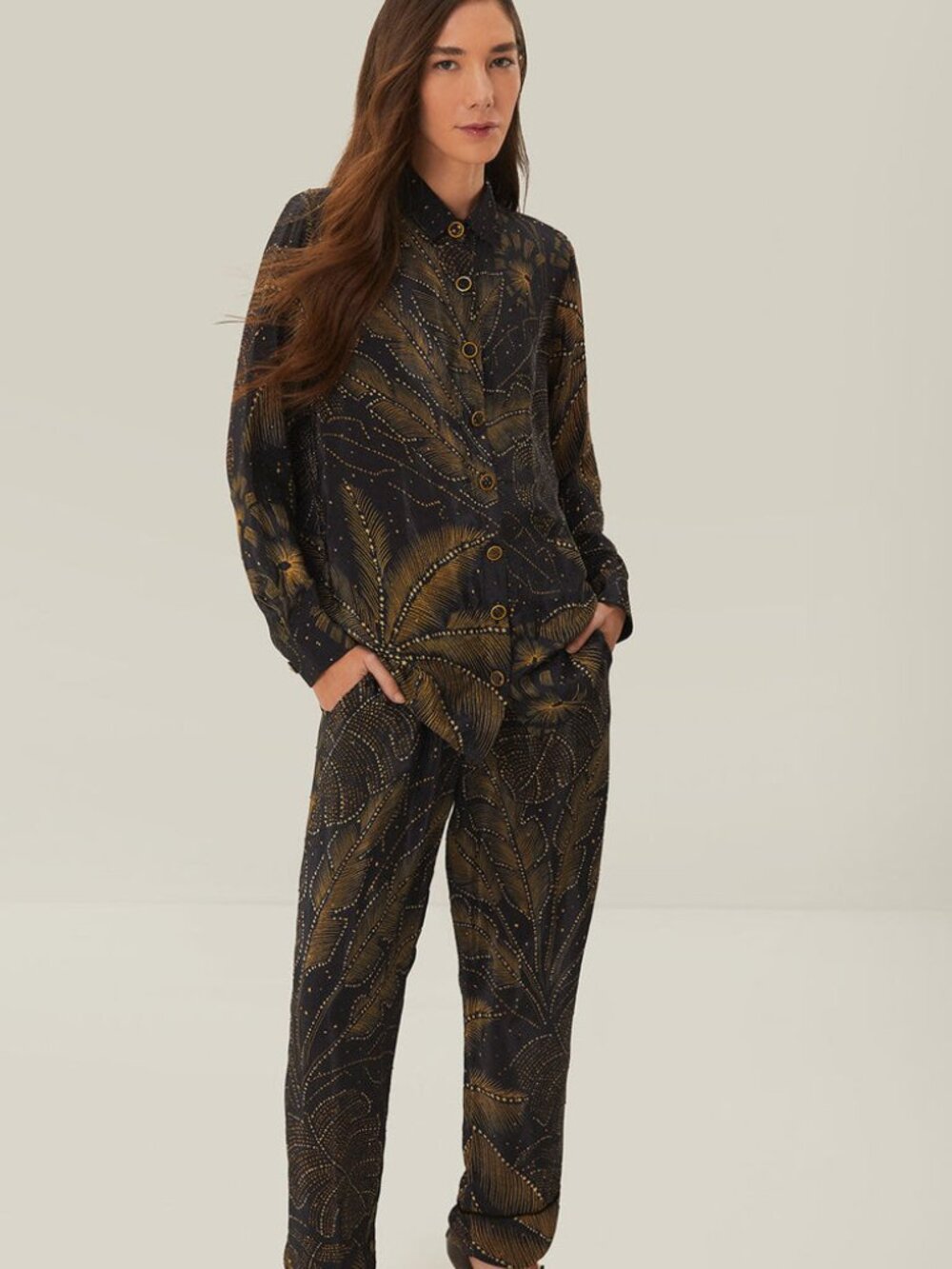 FARM Rio Golden Foliage Black Pajama Pant Gold Rhinestones
